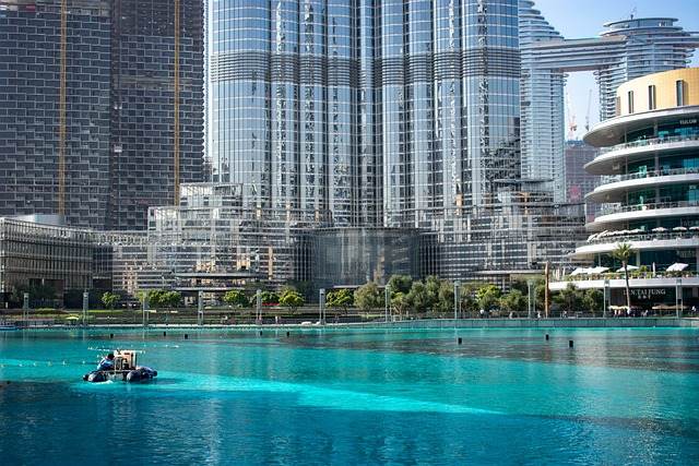 Downtown Dubai skyline with the Burj Khalifa and fountain lake